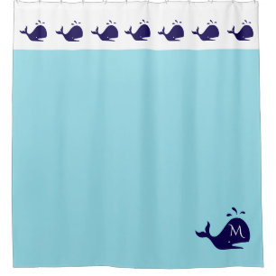 Cute Blue and White Custom Initial Whale Shower Curtain