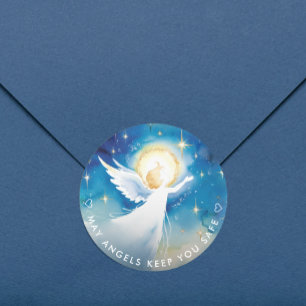 Cute Blue And White Guardian Angel Watercolor  Classic Round Sticker