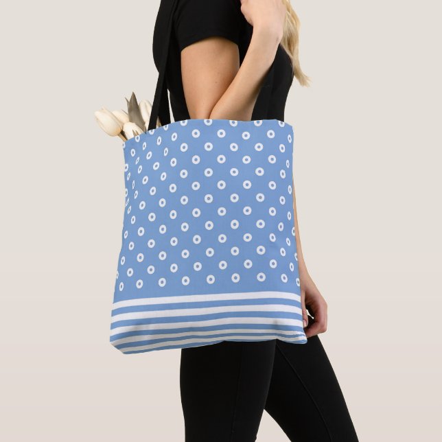 Cute blue and white modern trendy stripes and dots tote bag (Close Up)