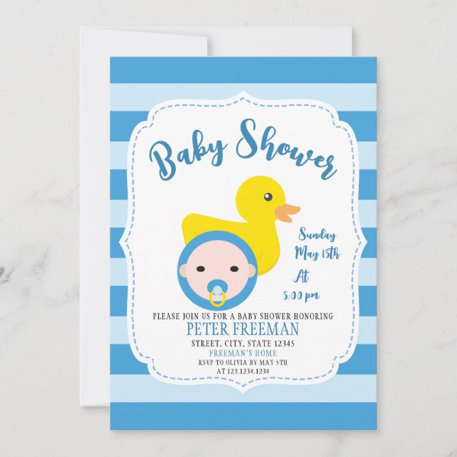 Cute Blue and White Rubber Duck Boy Baby Shower Invitation (Front)