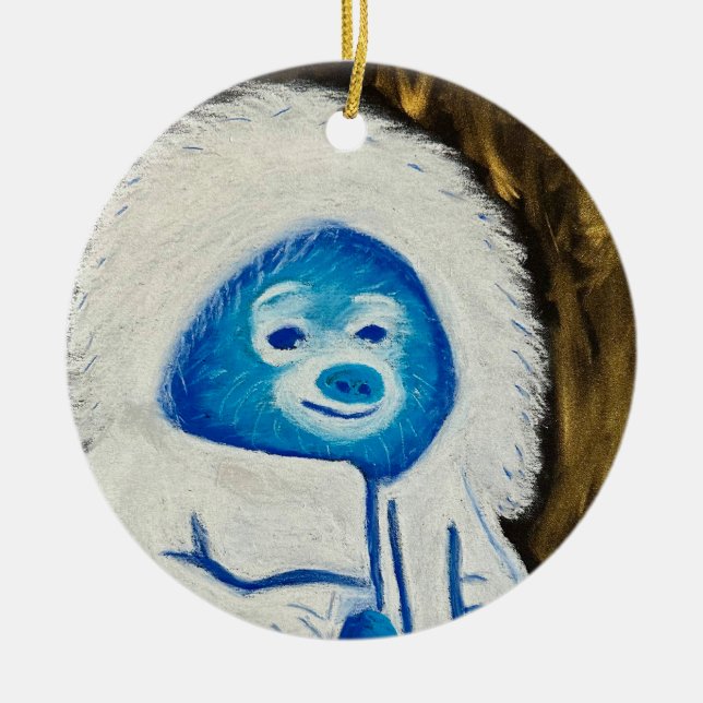 Cute Blue and White Yeti Soft Pastel Painted Ceramic Ornament (Front)