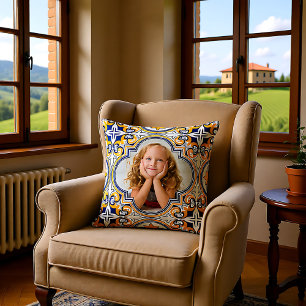 Cute blue and yellow Azulejos, custom photo  Cushion