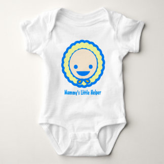 Cute blue and yellow baby in a bonnet tee shirt