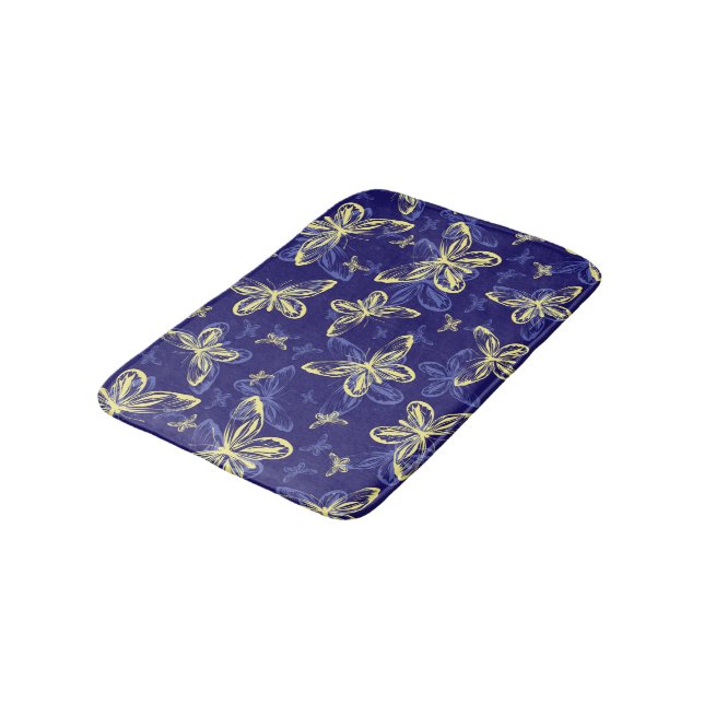 Cute Blue and Yellow Butterfly Illustrated Pattern Bath Mat (Angled)