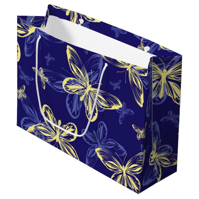 Cute Blue and Yellow Butterfly Illustrated Pattern Large Gift Bag (Front Angled)