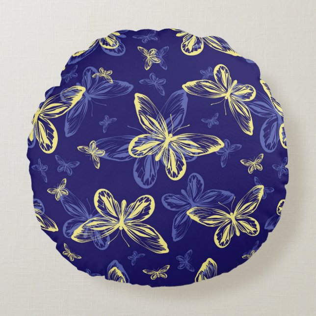 Cute Blue and Yellow Butterfly Illustrated Pattern Round Cushion (Front)
