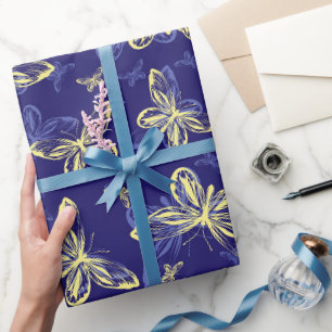 Cute Blue and Yellow Butterfly Illustrated Pattern Wrapping Paper