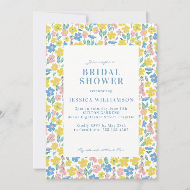 Cute Blue and Yellow Ditsy Floral Bridal Shower Invitation (Front)