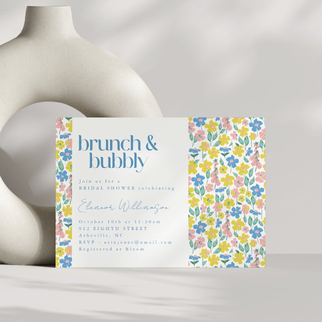 Cute Blue and Yellow Ditsy Floral Brunch Bubbly Invitation (Creator Uploaded)