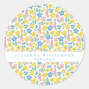 Cute Blue and Yellow Ditsy Floral Modern Classic Round Sticker