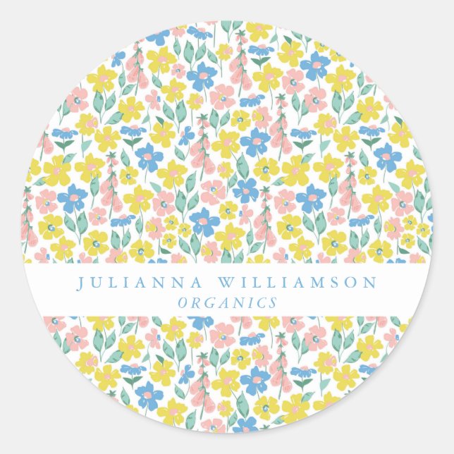 Cute Blue and Yellow Ditsy Floral Modern  Classic Round Sticker (Front)