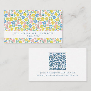 Cute Blue and Yellow Ditsy Floral Modern QR Code Business Card