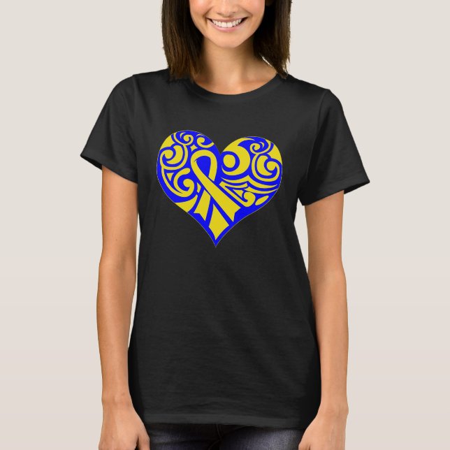 Cute Blue and Yellow Ribbon Down Syndrome Awarenes T-Shirt (Front)