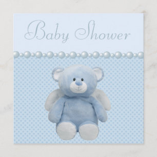 Cute Blue Angel Teddy Bear Baby Boy Shower Invitation