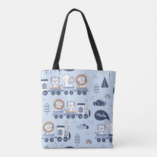 Cute Blue Animal Train Tote Bag – Adorable Safari