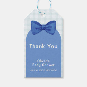 Cute Blue Arch Gingham Plaid Bow Boy Baby Shower Gift Tags