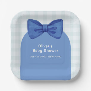 Cute Blue Arch Gingham Plaid Bow Boy Baby Shower  Paper Plate