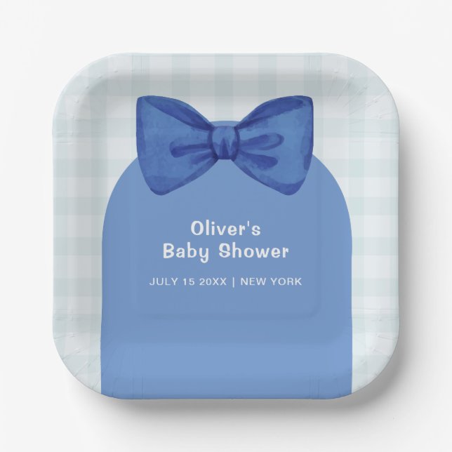 Cute Blue Arch Gingham Plaid Bow Boy Baby Shower  Paper Plate (Front)