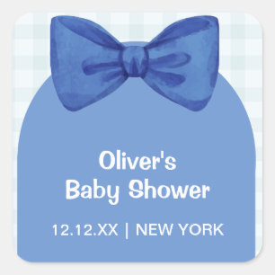 Cute Blue Arch Gingham Plaid Bow Boy Baby Shower Square Sticker
