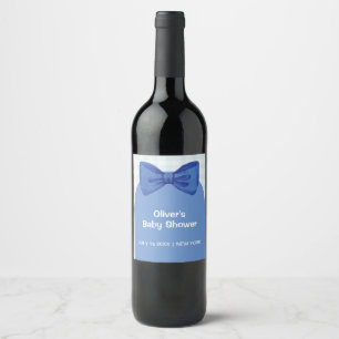 Cute Blue Arch Gingham Plaid Bow Boy Baby Shower Wine Label