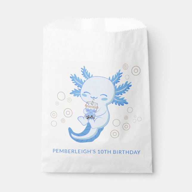 Cute Blue Axolotl Bubble Boba Tea Birthday Party Favour Bag (Front)