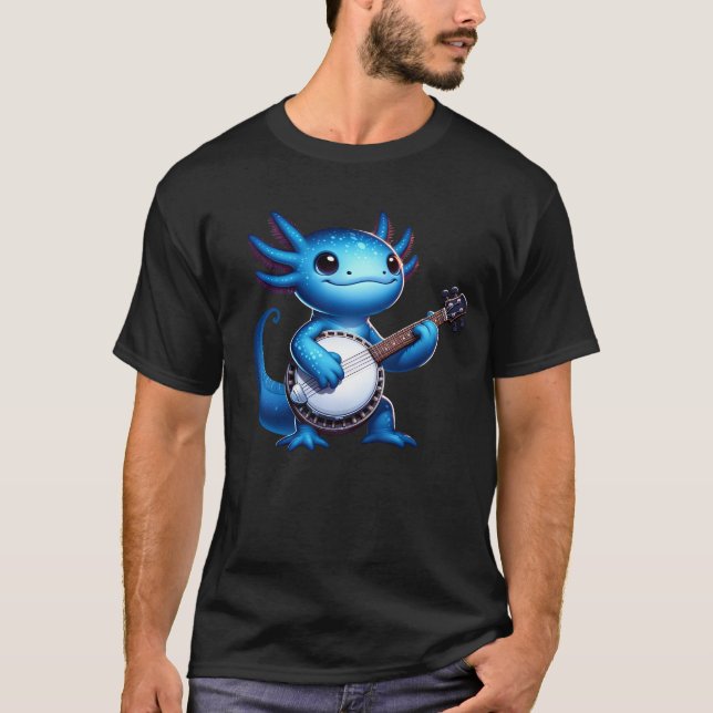 Cute Blue Axolotl Playing Banjo Banjoist Banjo T-Shirt (Front)