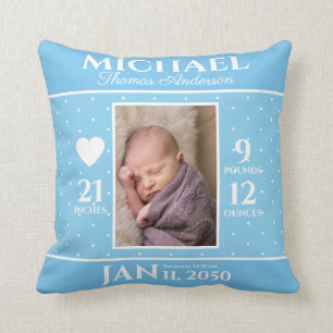 Cute Blue Baby Birth Stats Keepsake Nursery Cushion