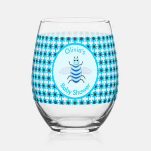 Cute Blue Baby Boy Bee Custom Baby Shower Stemless Wine Glass
