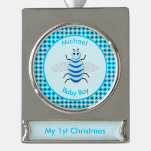 Cute Blue Baby Boy Bee Custom First Christmas Silver Plated Banner Ornament