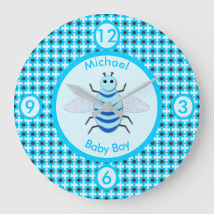 Cute Blue Baby Boy Bee Custom Nursery Large Clock