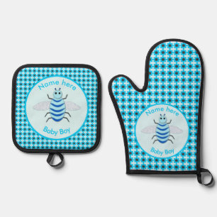 Cute Blue Baby Boy Bee Custom Oven Mitt & Pot Holder Set
