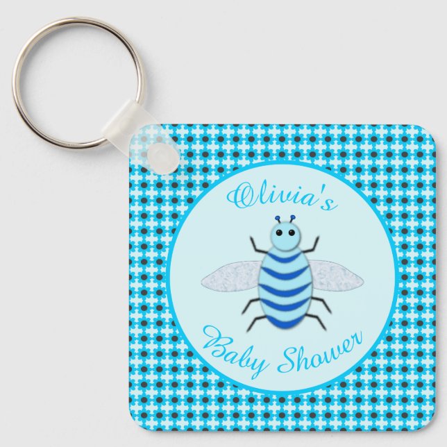 Cute Blue Baby Boy Bee Custom Save the Date Key Ring (Front)