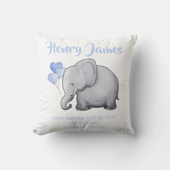 Cute Blue Baby Boy Birth Stats Elephant Nursery Cushion (Front)
