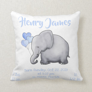 Cute Blue Baby Boy Birth Stats Elephant Nursery Cushion