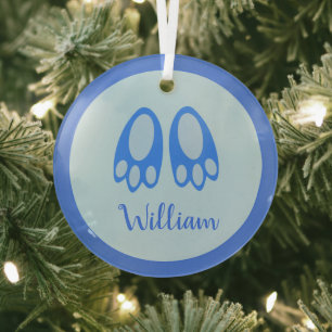 Cute Blue Baby Boy Bunny Feet First Xmas Glass Tree Decoration