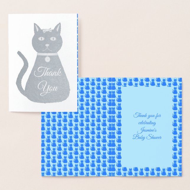 Cute Blue Baby Boy Cat Baby Shower Thank You Foil Card (Display)