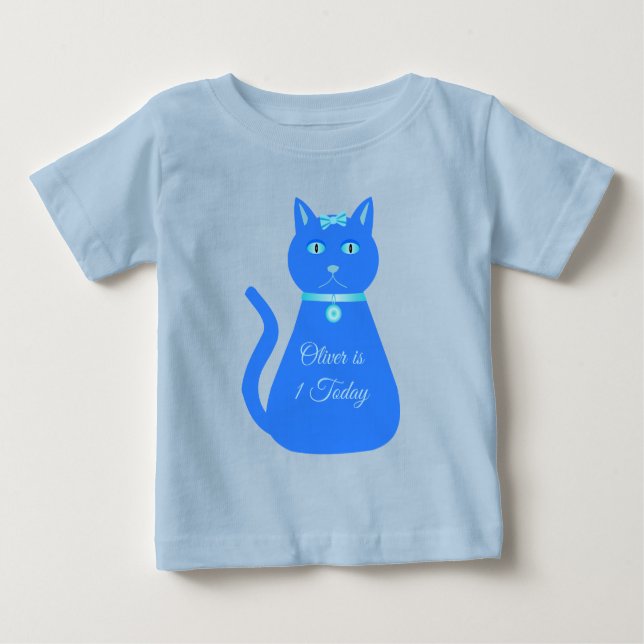 Cute Blue Baby Boy Cat Custom 1st Birthday Baby T-Shirt (Front)