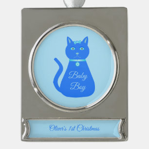 Cute Blue Baby Boy Cat Custom 1st Christmas Silver Plated Banner Ornament