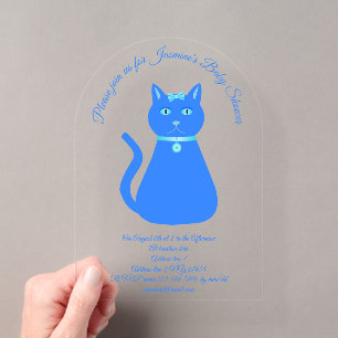 Cute Blue Baby Boy Cat Custom Baby Shower Acrylic Invitations