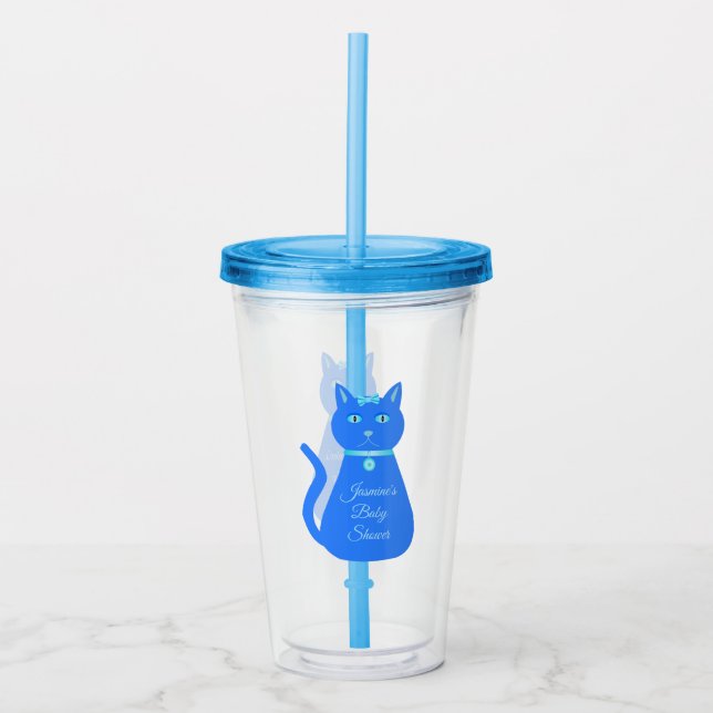 Cute Blue Baby Boy Cat Custom Baby Shower Acrylic Tumbler (Front)