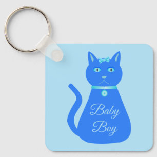Cute Blue Baby Boy Cat Custom Baby Shower Favor Key Ring