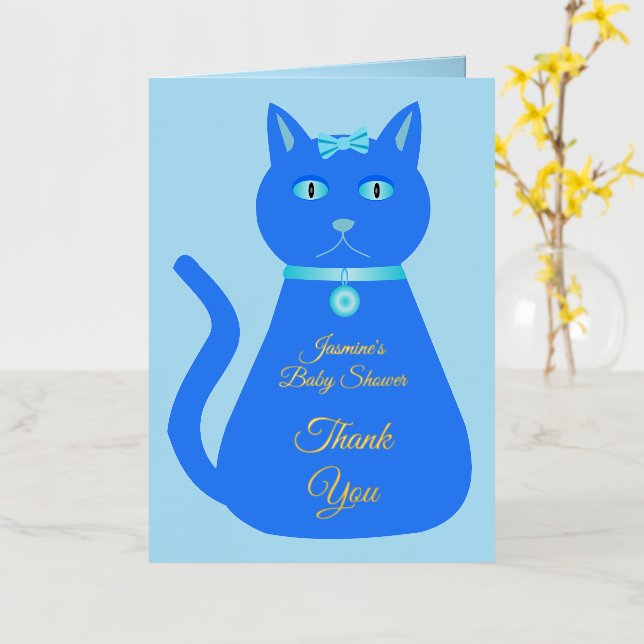 Cute Blue Baby Boy Cat Custom Baby Shower Foil Greeting Card (Yellow Flower)