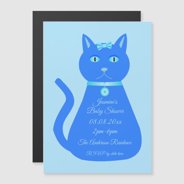 Cute Blue Baby Boy Cat Custom Baby Shower Magnetic Invitation (Front/Back)