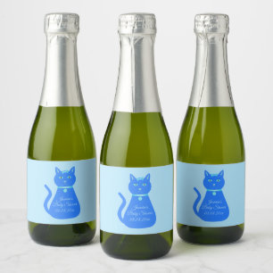 Cute Blue Baby Boy Cat Custom Baby Shower Sparkling Wine Label