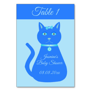 Cute Blue Baby Boy Cat Custom Baby Shower Table Number