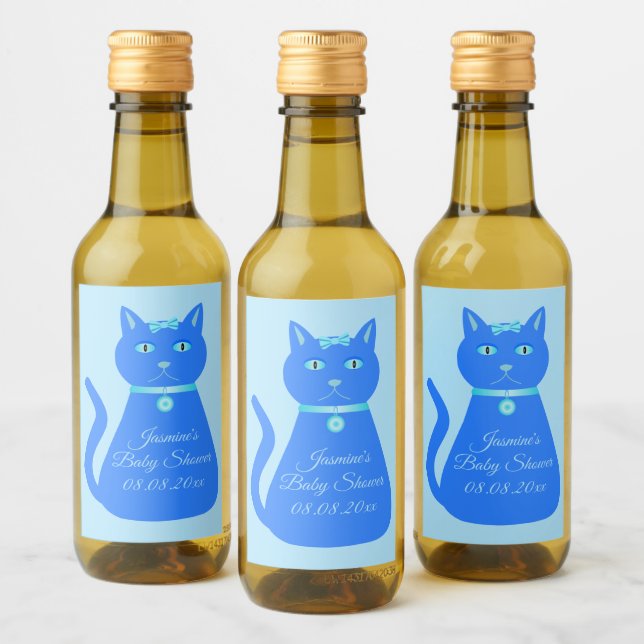 Cute Blue Baby Boy Cat Custom Baby Shower Wine Label (Bottles)