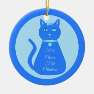 Cute Blue Baby Boy Cat Custom First Christmas Ceramic Ornament