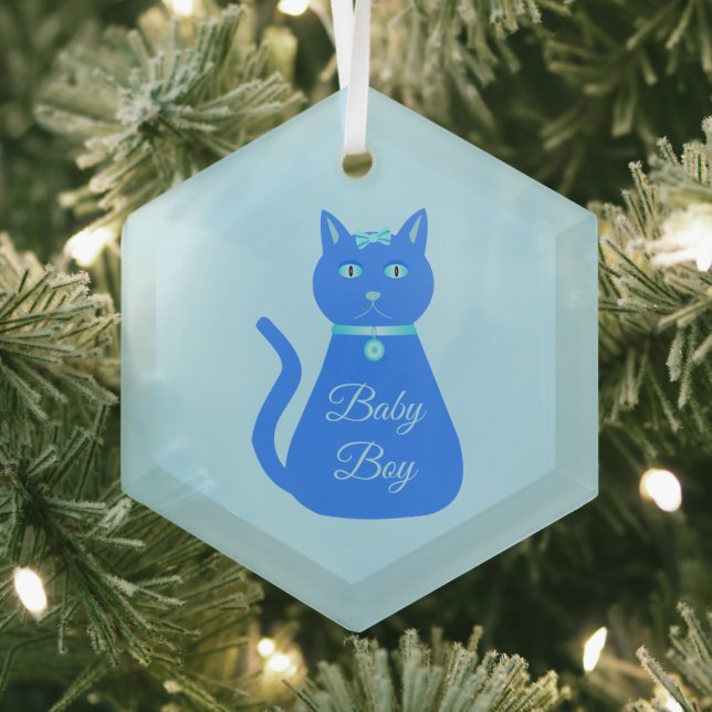 Cute Blue Baby Boy Cat Custom First Christmas Glass Tree Decoration (Insitu)