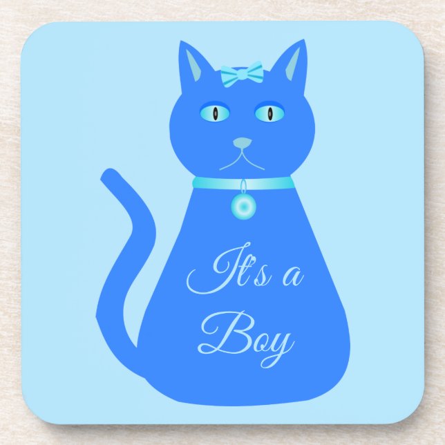 Cute Blue Baby Boy Cat Custom Gender Reveal Coaster (Front)