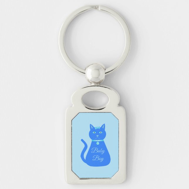 Cute Blue Baby Boy Cat Custom Gender Reveal Key Ring (Front)